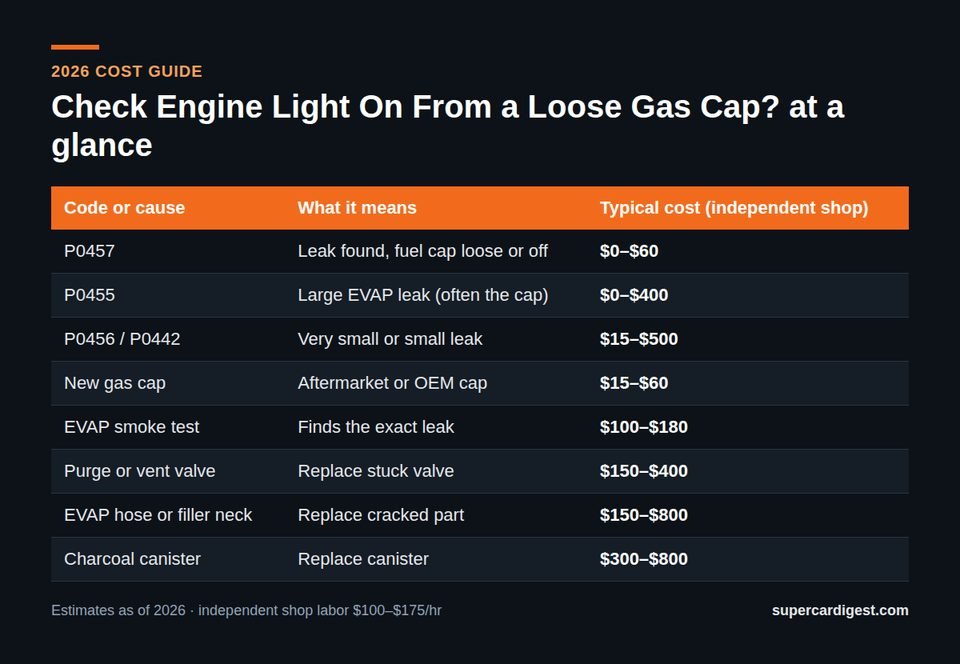 Check Engine Light On From a Loose Gas Cap? What to Do at a glance: 2026 price ranges
