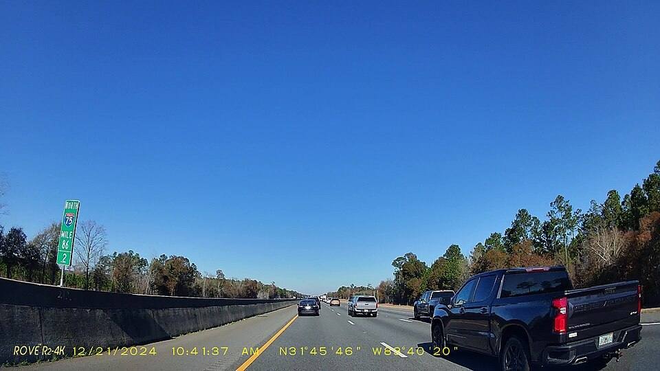 View of a highway through a dash cam on Interstate 75