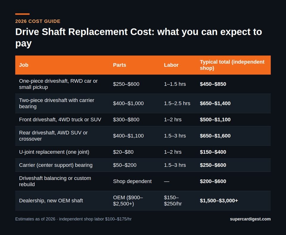 Drive Shaft Replacement Cost at a glance: 2026 price ranges