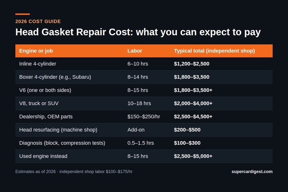 Head Gasket Repair Cost at a glance: 2026 price ranges