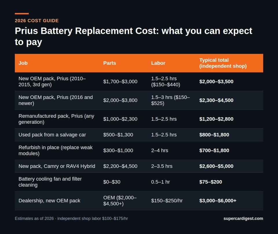 Prius Battery Replacement Cost at a glance: 2026 price ranges