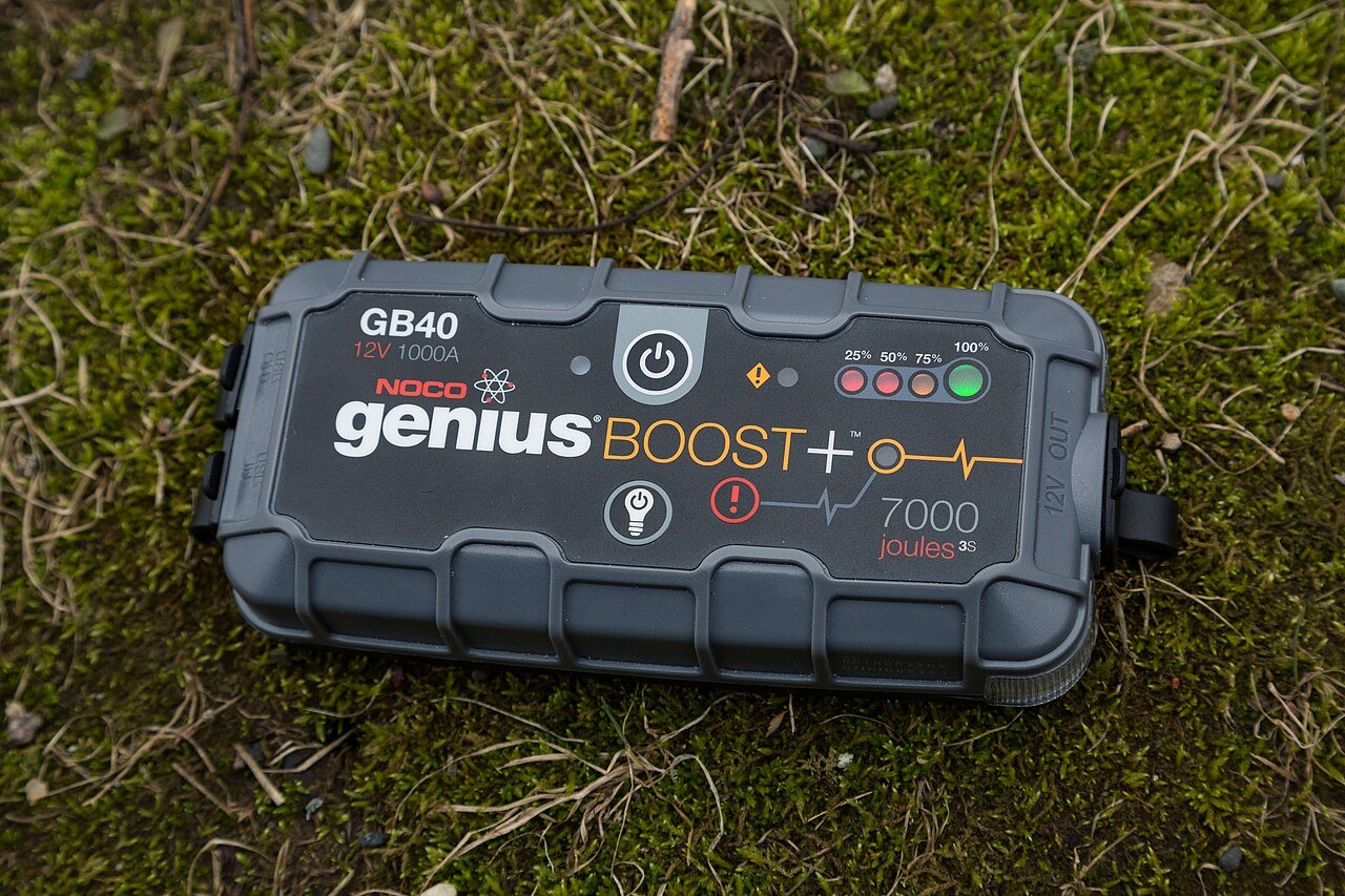 A portable lithium car jump starter with clamps