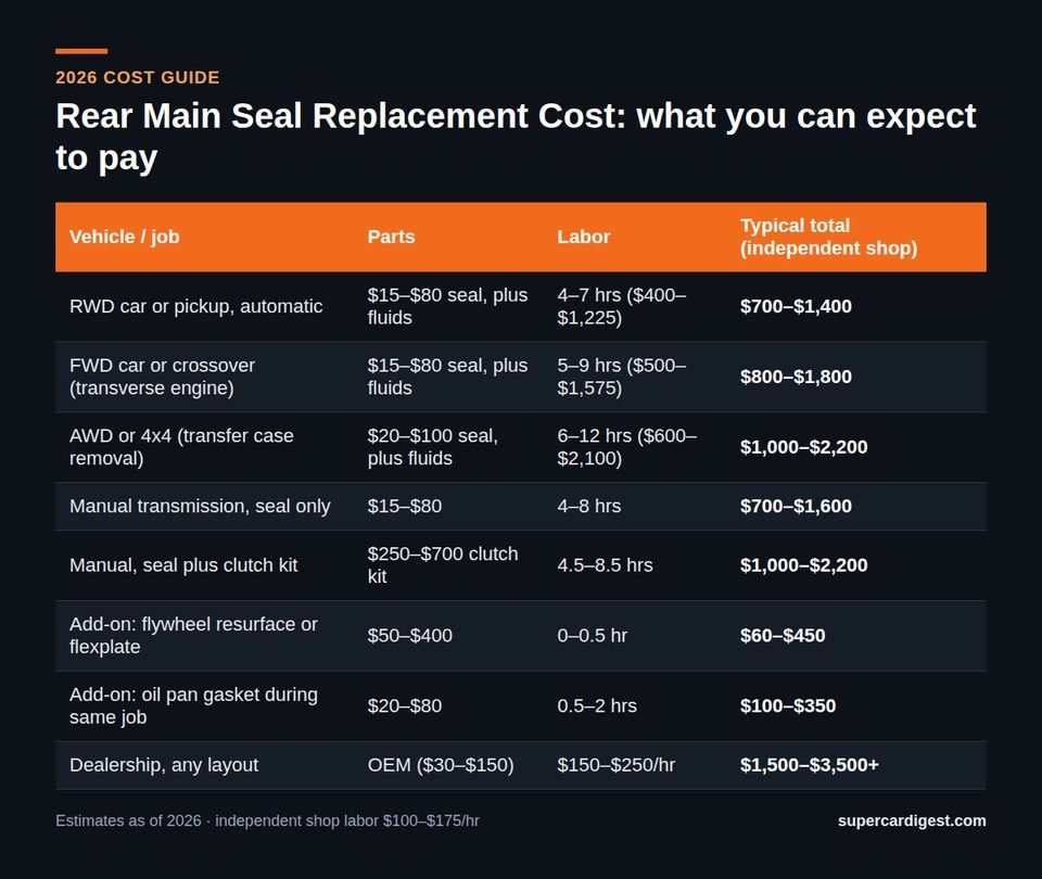 Rear Main Seal Replacement Cost at a glance: 2026 price ranges