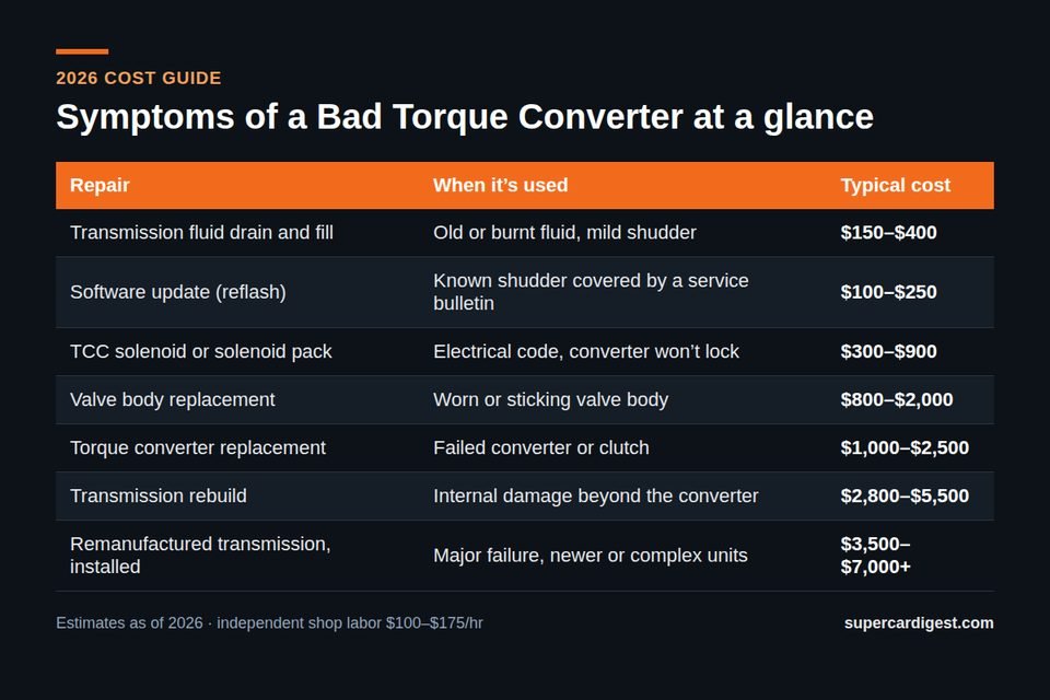 Symptoms of a Bad Torque Converter: Signs, Causes and Costs at a glance: 2026 price ranges